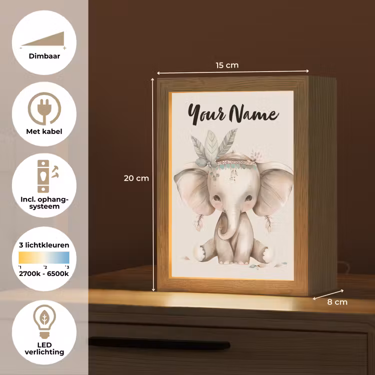 Olifant - Bohemian - Dieren - Boho Light Box met kabel (Kinderlampje) klein -USP_NL