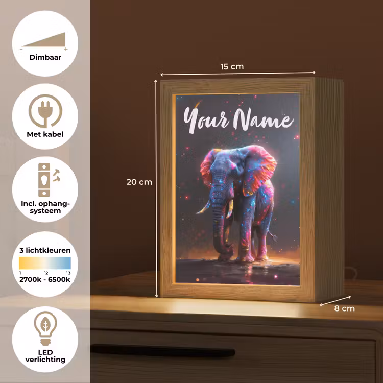 Olifant - Kleuren - Sterren - Dier Light Box met kabel (Kinderlampje) klein -USP_NL