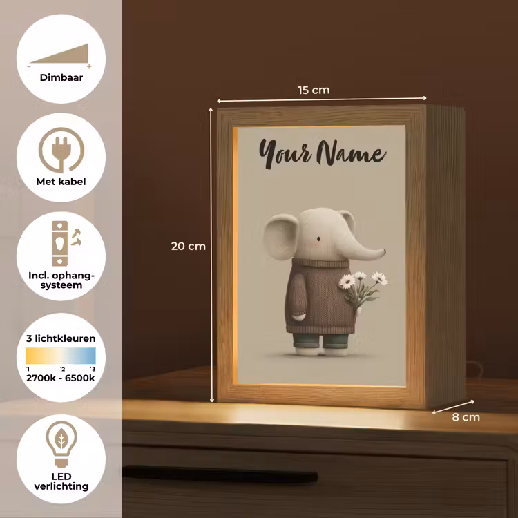 Olifant - Witte bloemen - Kindvriendelijk Light Box met kabel (Kinderlampje) klein -USP_NL