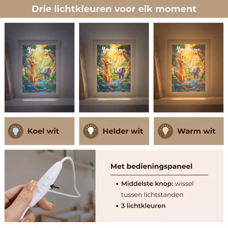 Giraf - Olifant - Bloemen - Jungle Light Box met kabel (Kinderlampje) klein -USP_lichtkleurNL