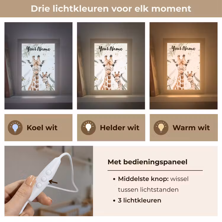 Giraffe - Bladeren - Kinderen - Dieren - Jungle Light Box met kabel (Kinderlampje) klein -USP_lichtkleurNL