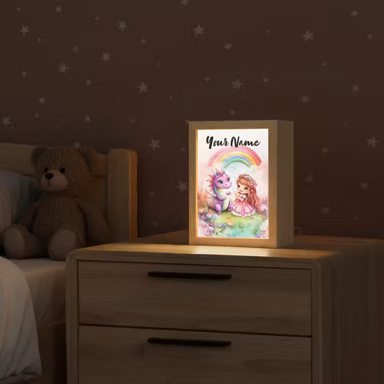 Meisje - Draak - Regenboog Light Box met kabel (Kinderlampje) klein -sfeer1_kind