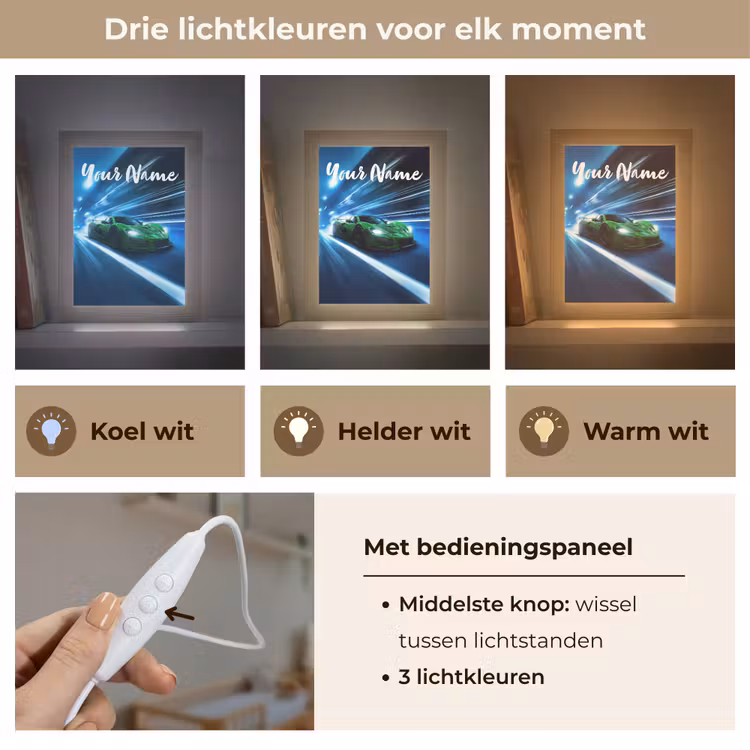 Groene racewagen - Blauw - Neon - Licht Light Box met kabel (Kinderlampje) klein -USP_lichtkleurNL