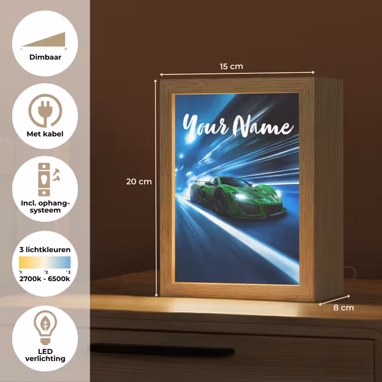 Groene racewagen - Blauw - Neon - Licht Light Box met kabel (Kinderlampje) klein -USP_NL