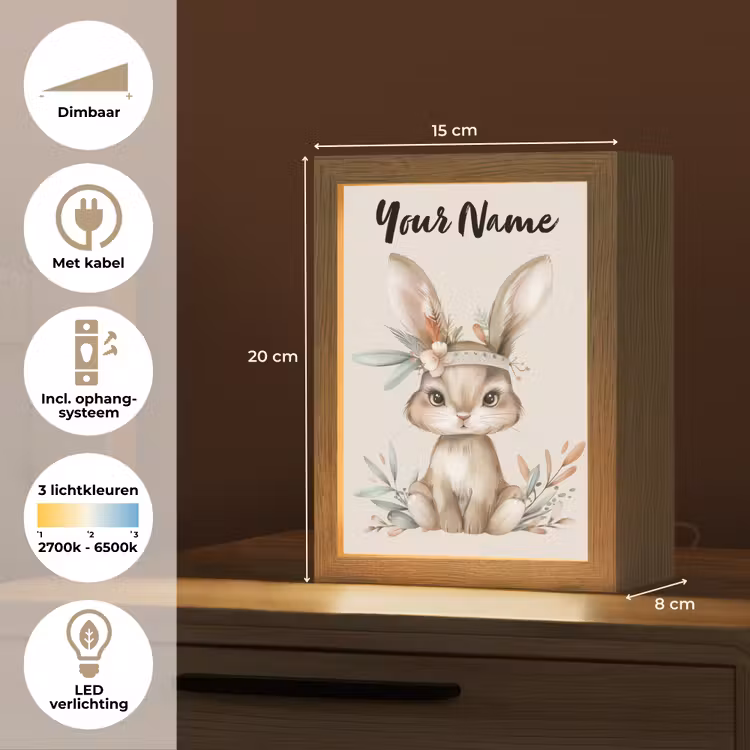 Haas - Dier - Bohemian - Pastel kleuren Light Box met kabel (Kinderlampje) klein -USP_NL