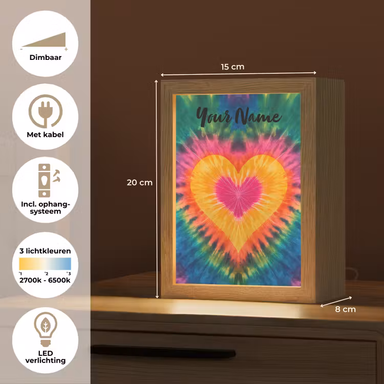 Hart - Kleurrijk - Regenboog - Tie Dye Light Box met kabel (Kinderlampje) klein -USP_NL
