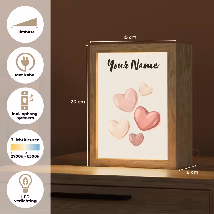 Hartjes - Roze - Minimalistisch - Illustratie Light Box met kabel (Kinderlampje) klein -USP_NL