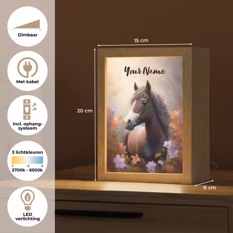 Paard - Bloemen - Natuur - Paars - Dieren Light Box met kabel (Kinderlampje) klein -USP_NL