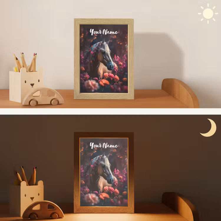Paard - Bloemen - Paars - Oranje - Dieren Light Box met kabel (Kinderlampje) klein -sfeer3_kind