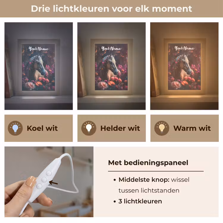 Paard - Bloemen - Paars - Oranje - Dieren Light Box met kabel (Kinderlampje) klein -USP_lichtkleurNL