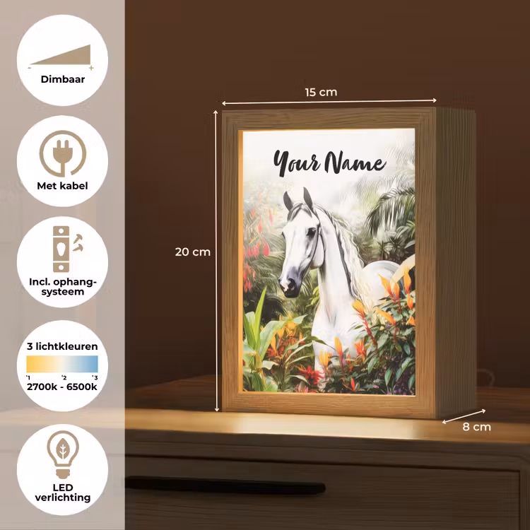 Paard - Wit - Bos - Bloemen - Planten Light Box met kabel (Kinderlampje) klein -USP_NL
