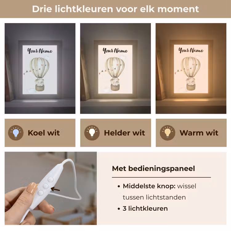 Luchtballon - Olifant - Watercolor - Beige - Dieren Light Box met kabel (Kinderlampje) klein -USP_lichtkleurNL