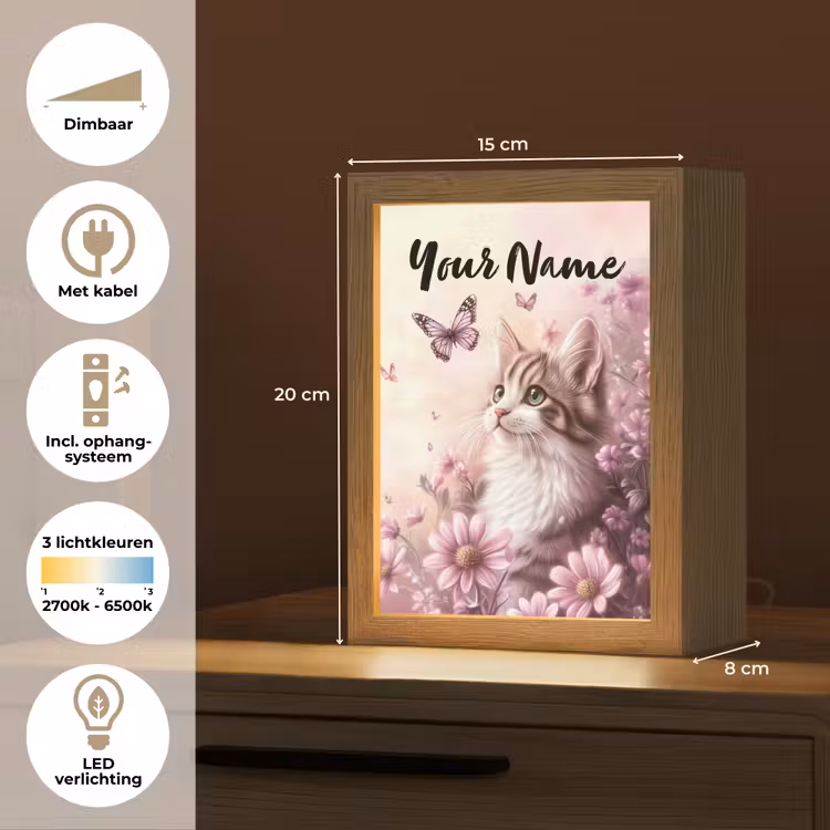 Kitten - Bloemen - Vlinders - Paars Light Box met kabel (Kinderlampje) klein -USP_NL