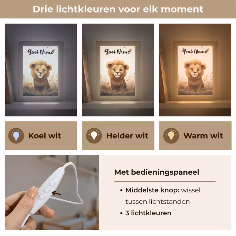 Leeuw - Dieren - Kinderen - Bruin - Meisje Light Box met kabel (Kinderlampje) klein -USP_lichtkleurNL