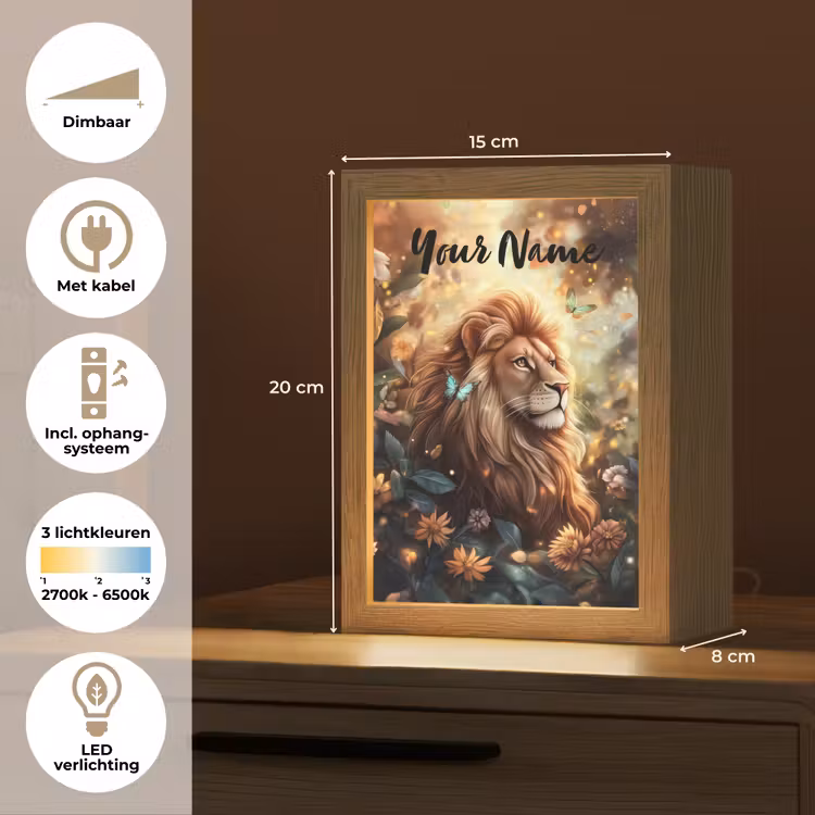 Leeuw - Dieren - Bloemen - Jungle Light Box met kabel (Kinderlampje) klein -USP_NL