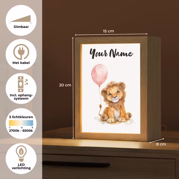 Leeuw - Baby dier - Dieren - Roze ballon Light Box met kabel (Kinderlampje) klein -USP_NL