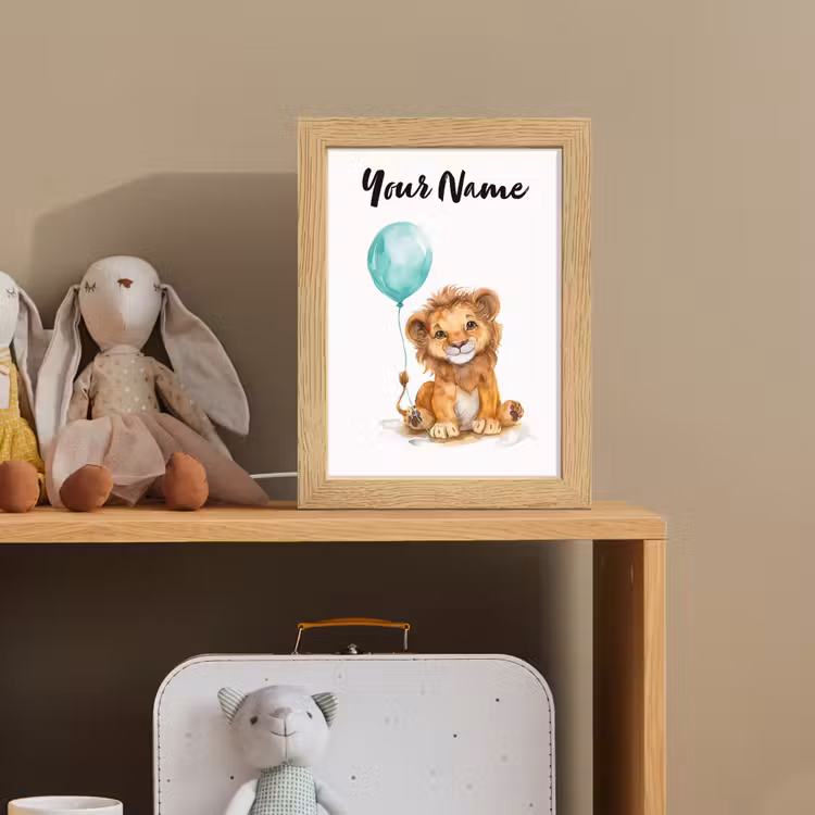 Leeuw - Baby dier - Blauwe ballon Light Box met kabel (Kinderlampje) klein -sfeer2_kind