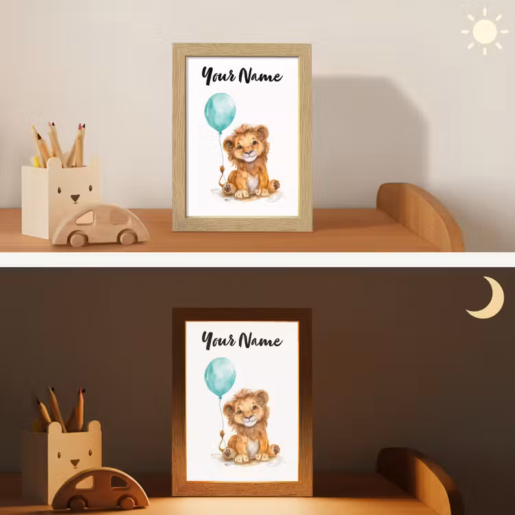 Leeuw - Baby dier - Blauwe ballon Light Box met kabel (Kinderlampje) klein -sfeer3_kind