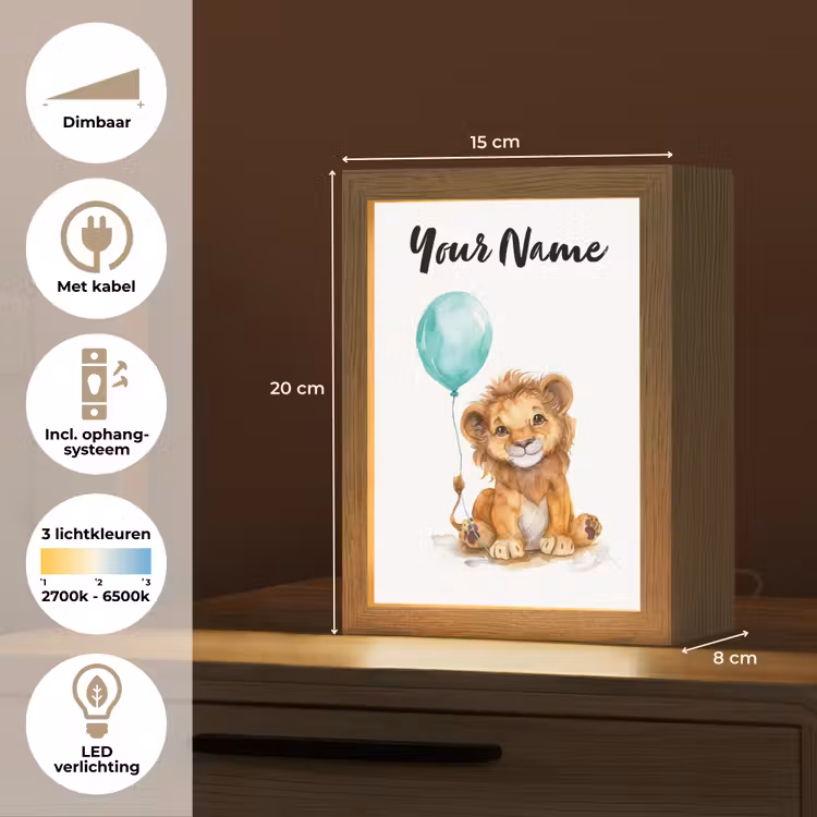 Leeuw - Baby dier - Blauwe ballon Light Box met kabel (Kinderlampje) klein -USP_NL