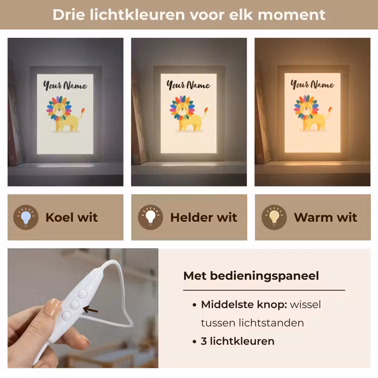Leeuw - Kleurrijke manen - Beige Light Box met kabel (Kinderlampje) klein -USP_lichtkleurNL