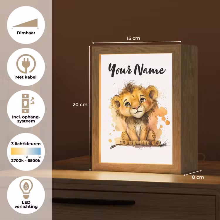 Leeuw - Waterverf - Bruin - Dieren - Meisjes - Jongens Light Box met kabel (Kinderlampje) klein -USP_NL