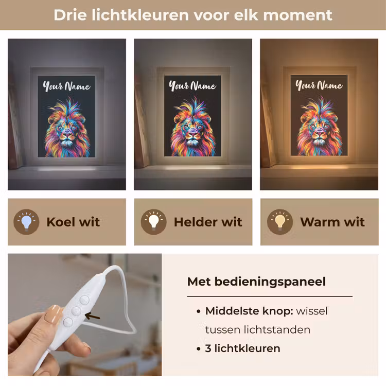 Leeuwen - Kleurrijk - Zwart - Dieren Light Box met kabel (Kinderlampje) klein -USP_lichtkleurNL
