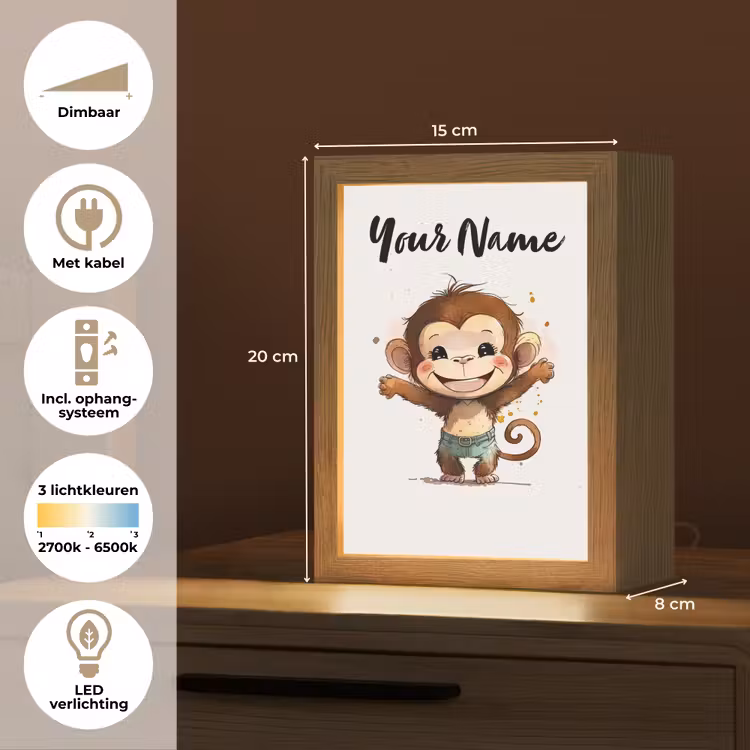 Aap - Bruin - Waterverf - Dieren - Meiden - Jongens Light Box met kabel (Kinderlampje) klein -USP_NL