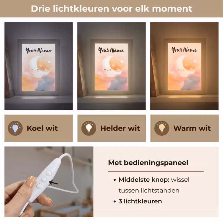 Maan - Gezichtje - Sterren - Roze Light Box met kabel (Kinderlampje) klein -USP_lichtkleurNL