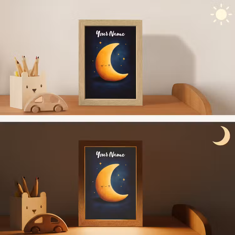 Maan - Geel - Sterren - Gezichtje Light Box met kabel (Kinderlampje) klein -sfeer3_kind