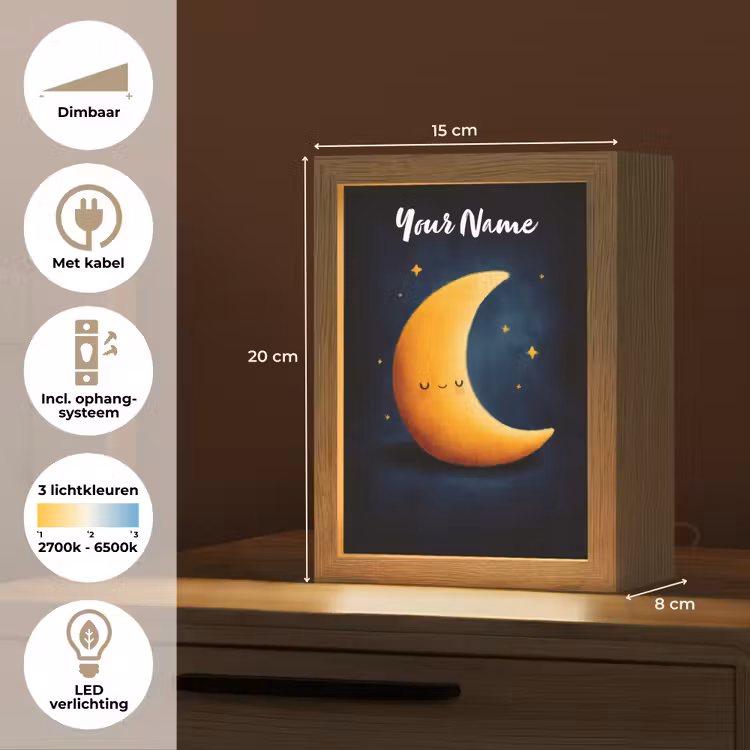 Maan - Geel - Sterren - Gezichtje Light Box met kabel (Kinderlampje) klein -USP_NL