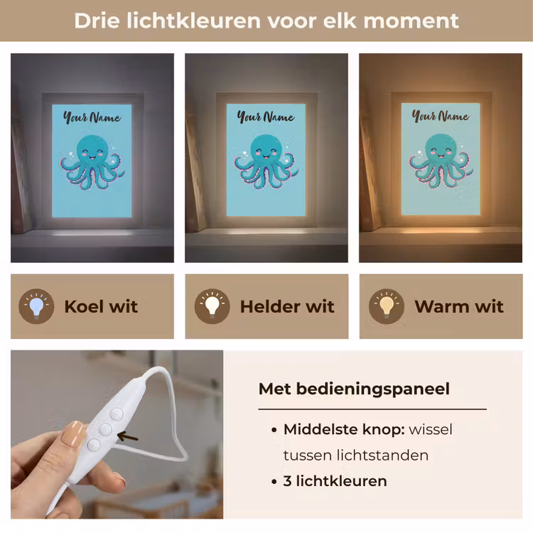 Octopus - Blauw - Gezicht Light Box met kabel (Kinderlampje) klein -USP_lichtkleurNL