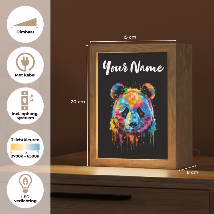 Panda - Dieren - Kleur - Verf - Zwart Light Box met kabel (Kinderlampje) klein -USP_NL