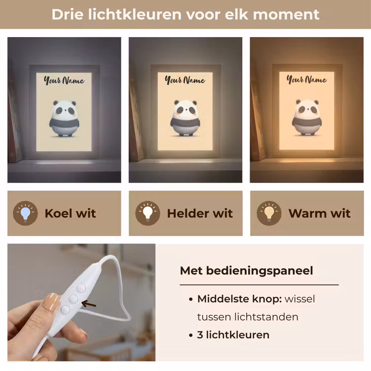 Panda - Beige - Minimalistisch Light Box met kabel (Kinderlampje) klein -USP_lichtkleurNL