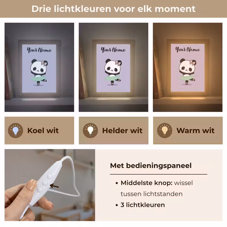 Panda - Paars - Strikje - Kawaii Light Box met kabel (Kinderlampje) klein -USP_lichtkleurNL
