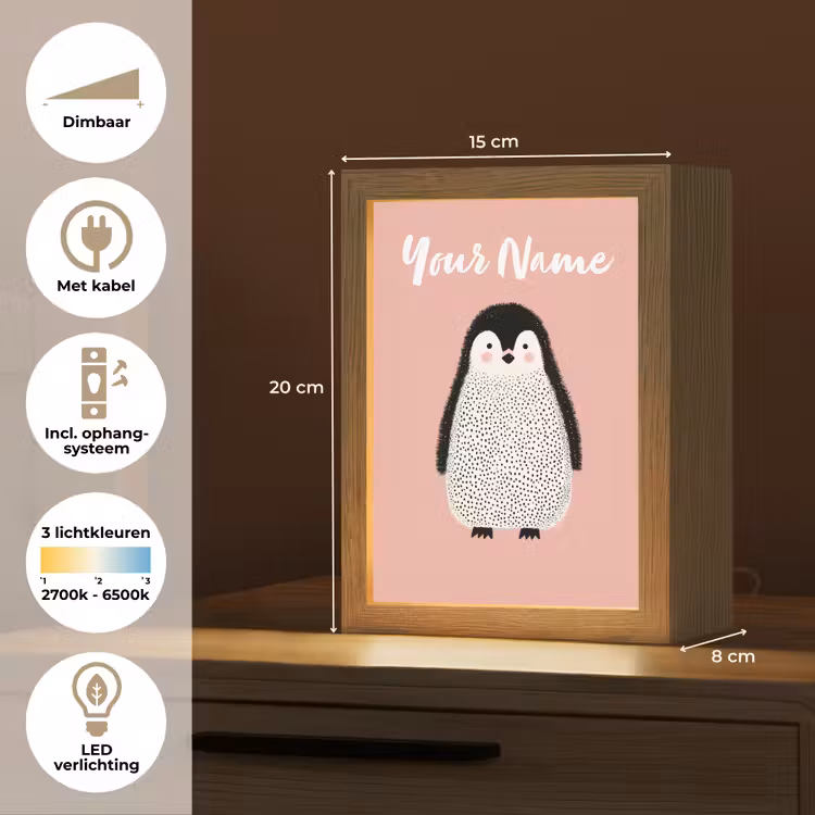 Pinguïn - Stippen - Minimalistisch - Roze Light Box met kabel (Kinderlampje) klein -USP_NL