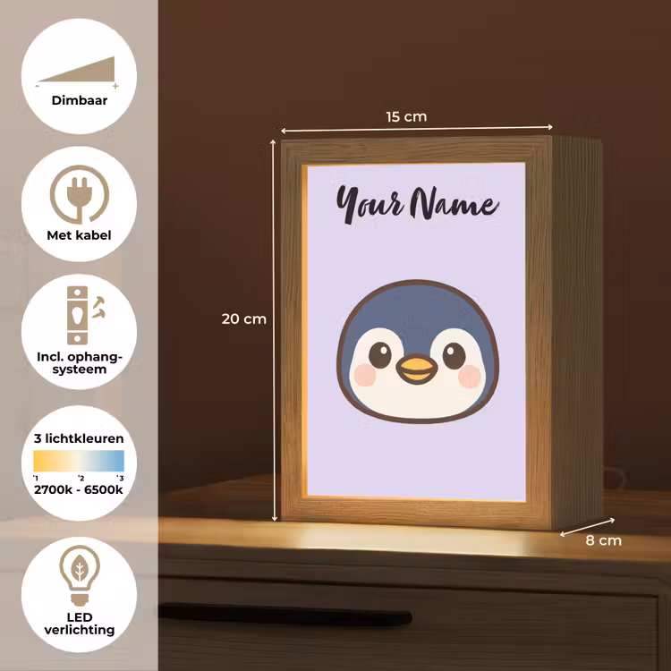 Pinguïn - Paars - Minimalistisch - Blosjes Light Box met kabel (Kinderlampje) klein -USP_NL