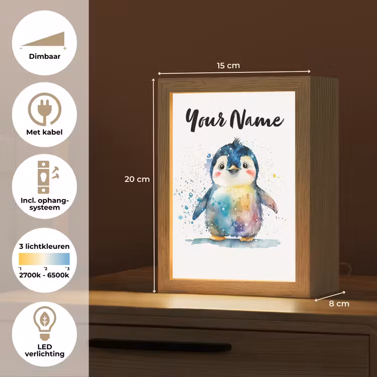 Pinguïn - Regenboog - Waterverf - Dieren - Kinderen Light Box met kabel (Kinderlampje) klein -USP_NL