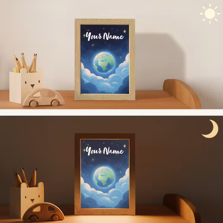 Planeet - Wolken - Sterren - Blauw Light Box met kabel (Kinderlampje) klein -sfeer3_kind