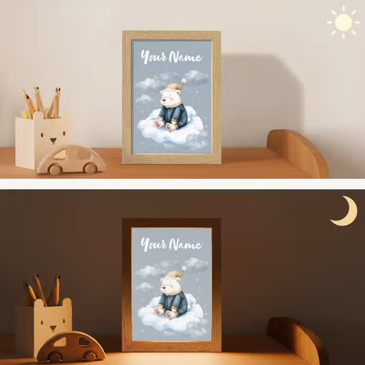 Ijsbeer - Pyjama - Wolken - Sterrenhemel Light Box met kabel (Kinderlampje) klein -sfeer3_kind