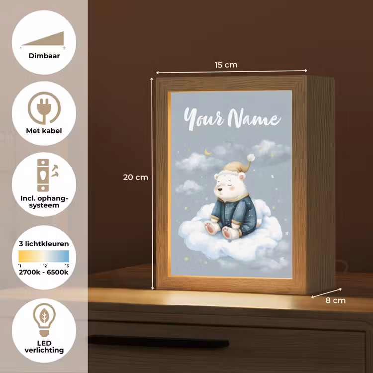 Ijsbeer - Pyjama - Wolken - Sterrenhemel Light Box met kabel (Kinderlampje) klein -USP_NL