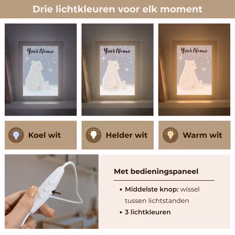 Ijsbeer - Sneeuw - Sterren - Blauw Light Box met kabel (Kinderlampje) klein -USP_lichtkleurNL