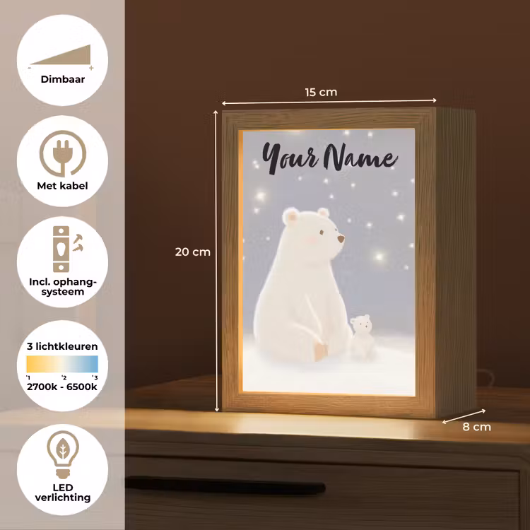 Ijsbeer - Sneeuw - Sterren - Blauw Light Box met kabel (Kinderlampje) klein -USP_NL