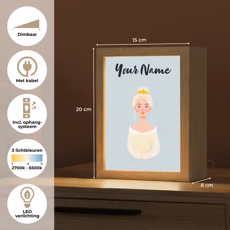 Prinses - Blond - Kroon - Minimalistisch Light Box met kabel (Kinderlampje) klein -USP_NL