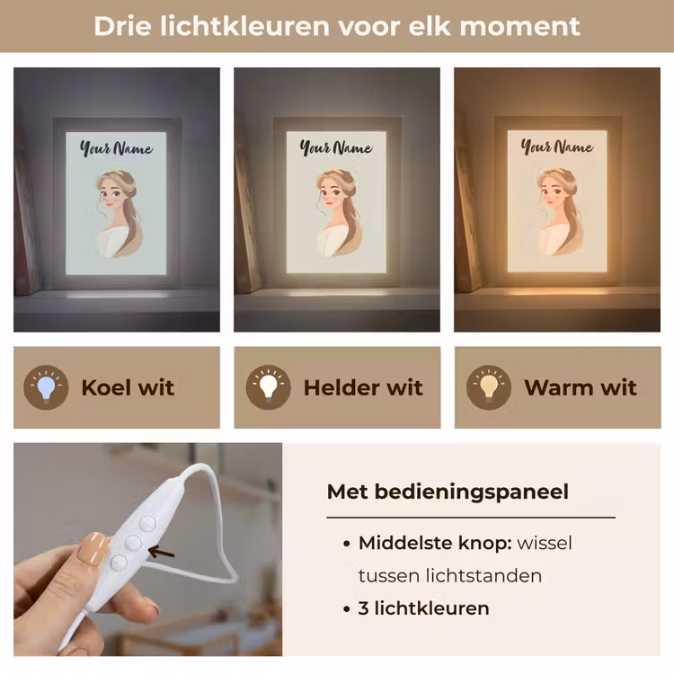 Prinses - Bruin - Haar - Kroon Light Box met kabel (Kinderlampje) klein -USP_lichtkleurNL