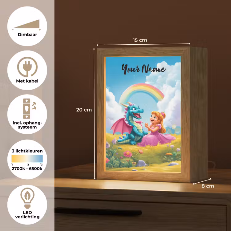 Prinses - Draak - Regenboog Light Box met kabel (Kinderlampje) klein -USP_NL