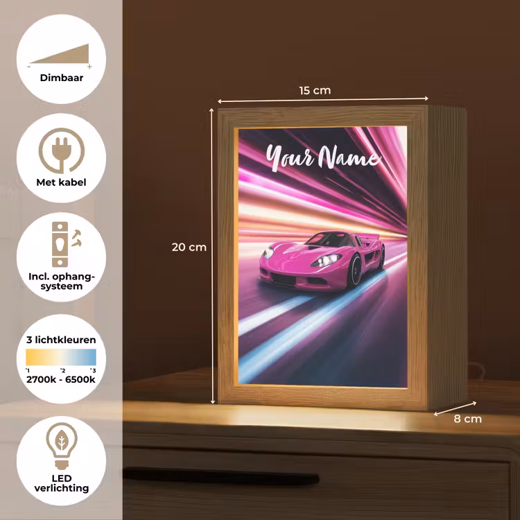 Raceauto - Roze - Neon Light Box met kabel (Kinderlampje) klein -USP_NL