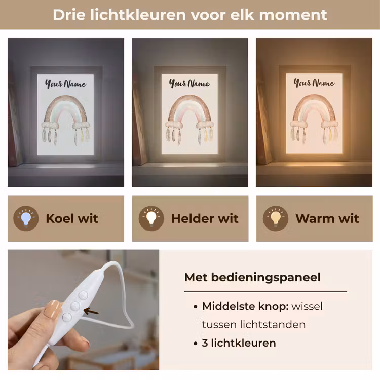 Regenboog - Bohemian - Boho - Pastel kleuren Light Box met kabel (Kinderlampje) klein -USP_lichtkleurNL