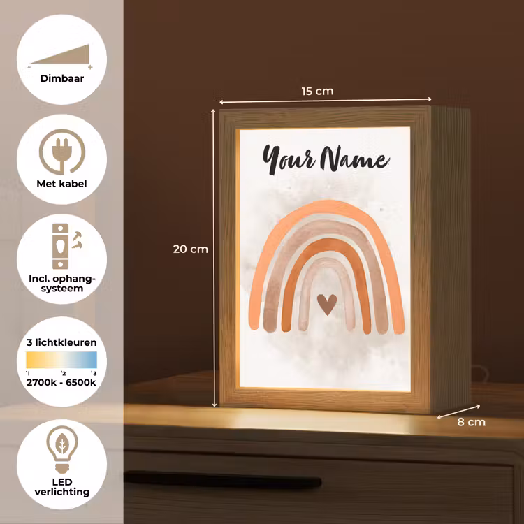 Regenboog - Roze - Pastel kleuren - Hartje Light Box met kabel (Kinderlampje) klein -USP_NL