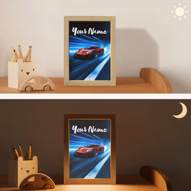 Rode raceauto - Blauw - Futuristisch Light Box met kabel (Kinderlampje) klein -sfeer3_kind