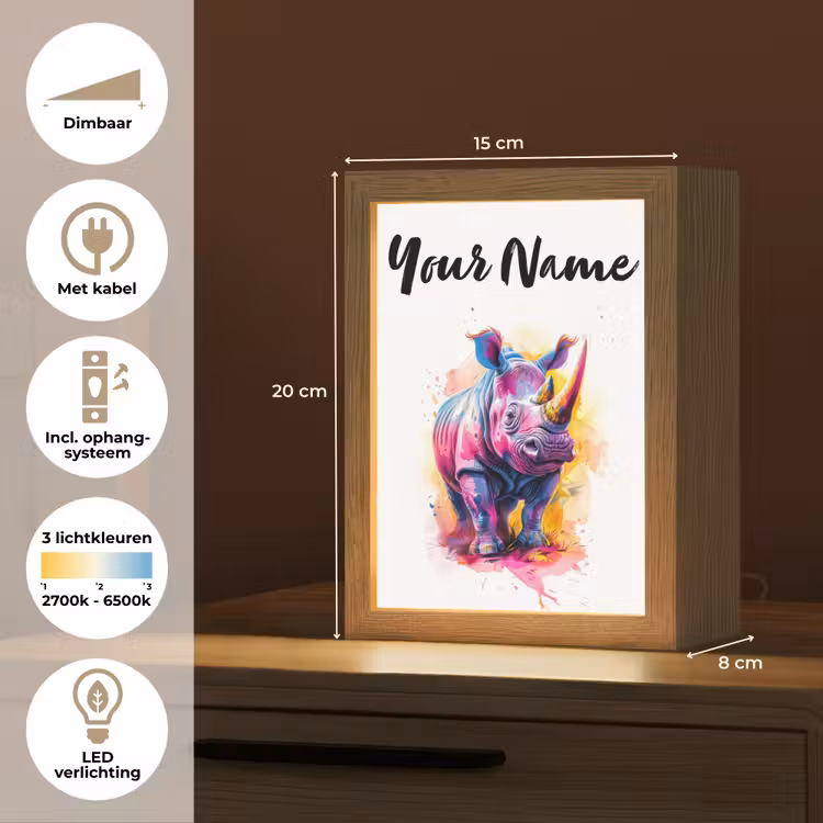 Neushoorn - Kleurrijk - Verf - Dieren Light Box met kabel (Kinderlampje) klein -USP_NL